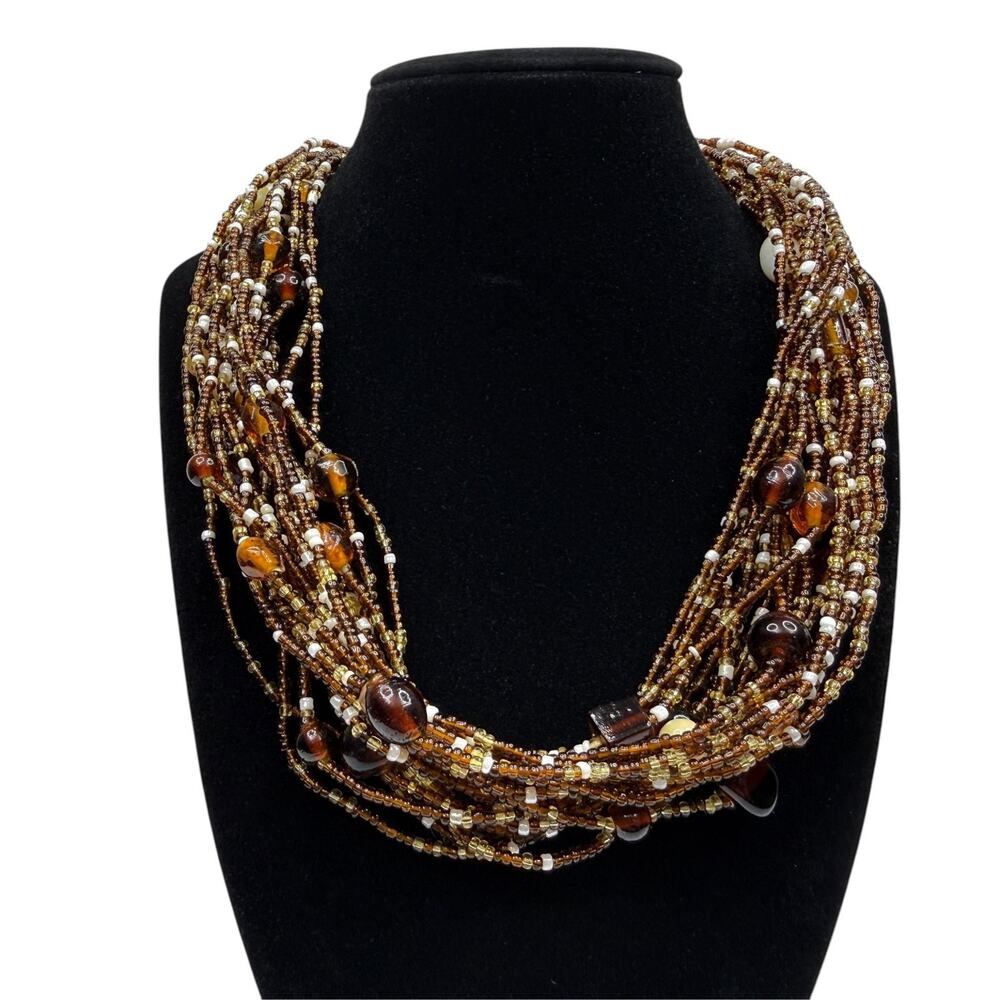 Multi-Strand Glass Beaded Necklace Brown Amber Gold White Statement Jewelry 19"